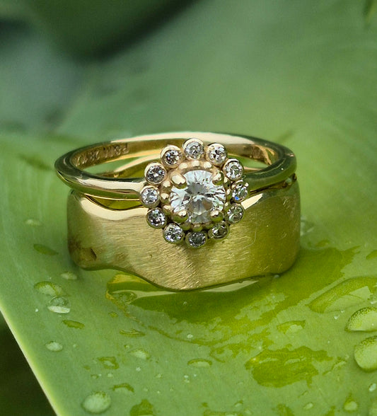 diamond flower ring with wide gold band