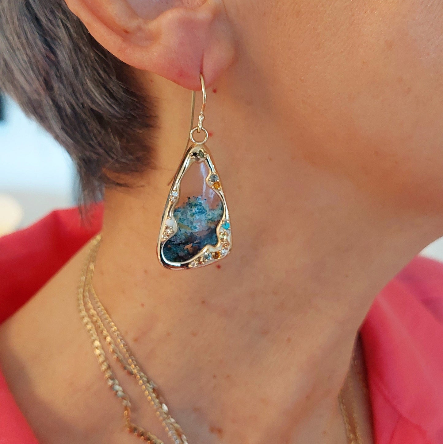 Moss agate and multiple mini gemstone earrings