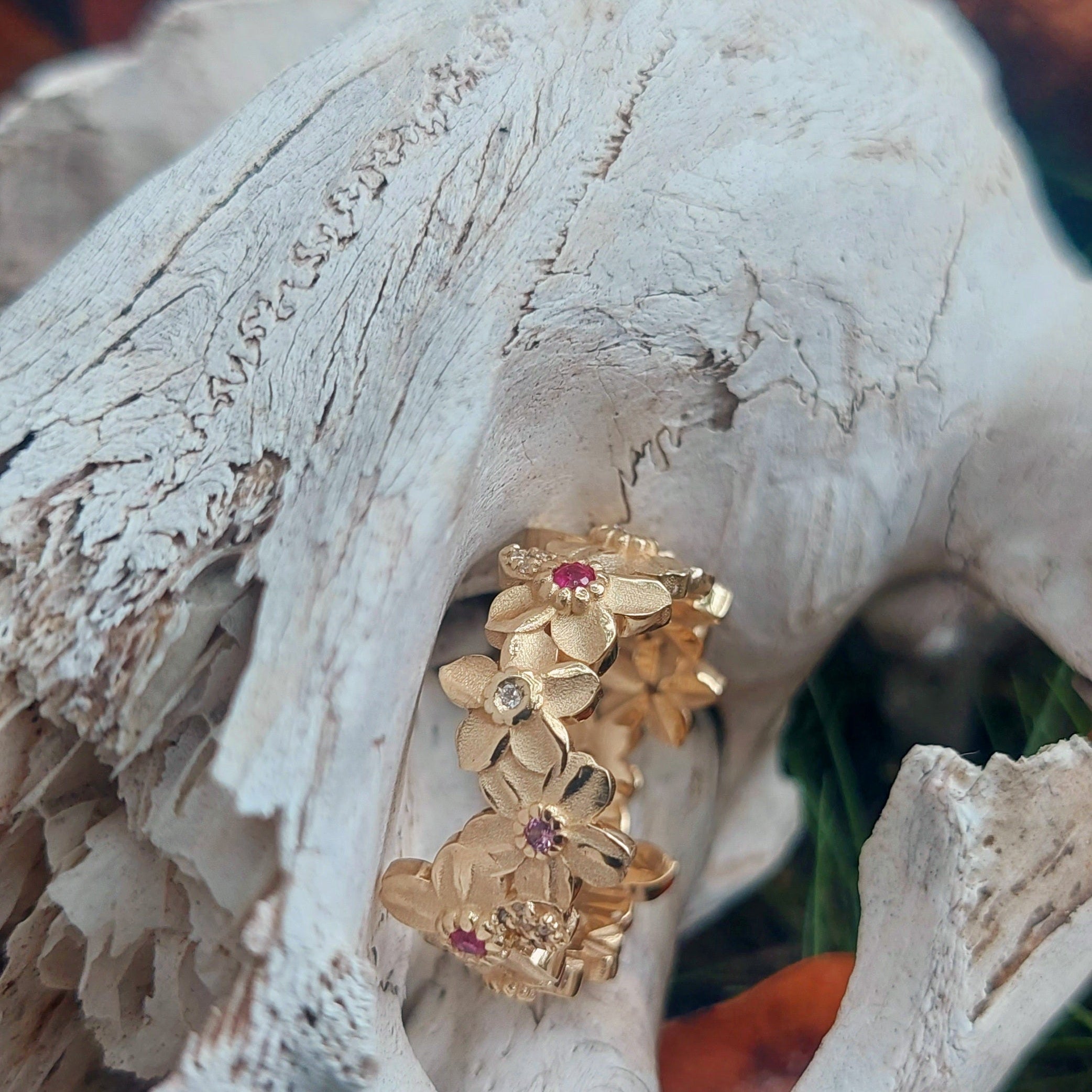 ruby and diamond ring on a kangaroo skull