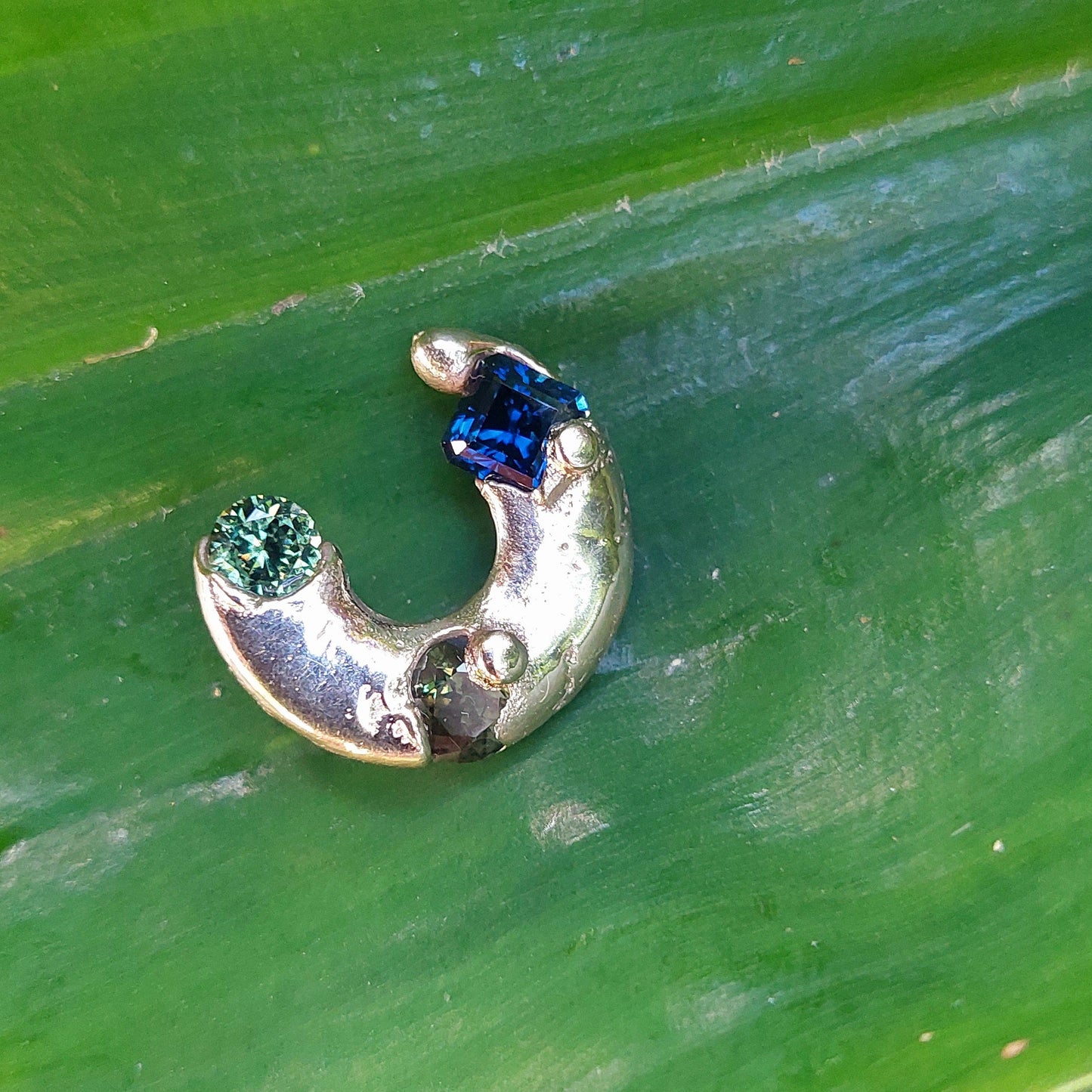Gold Sapphire half moon pendant 
