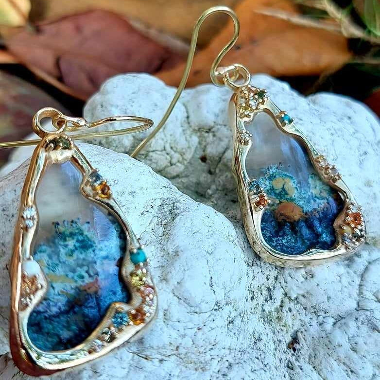 Moss agate and semi precious gemstone earrings
