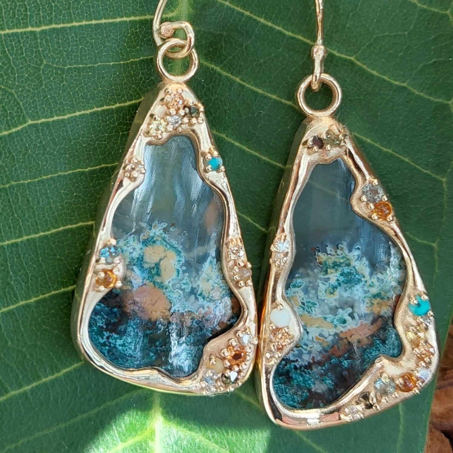 Moss agate and semi precious gemstone earrings