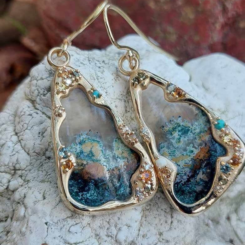 Moss agate and multiple mini gemstone earrings