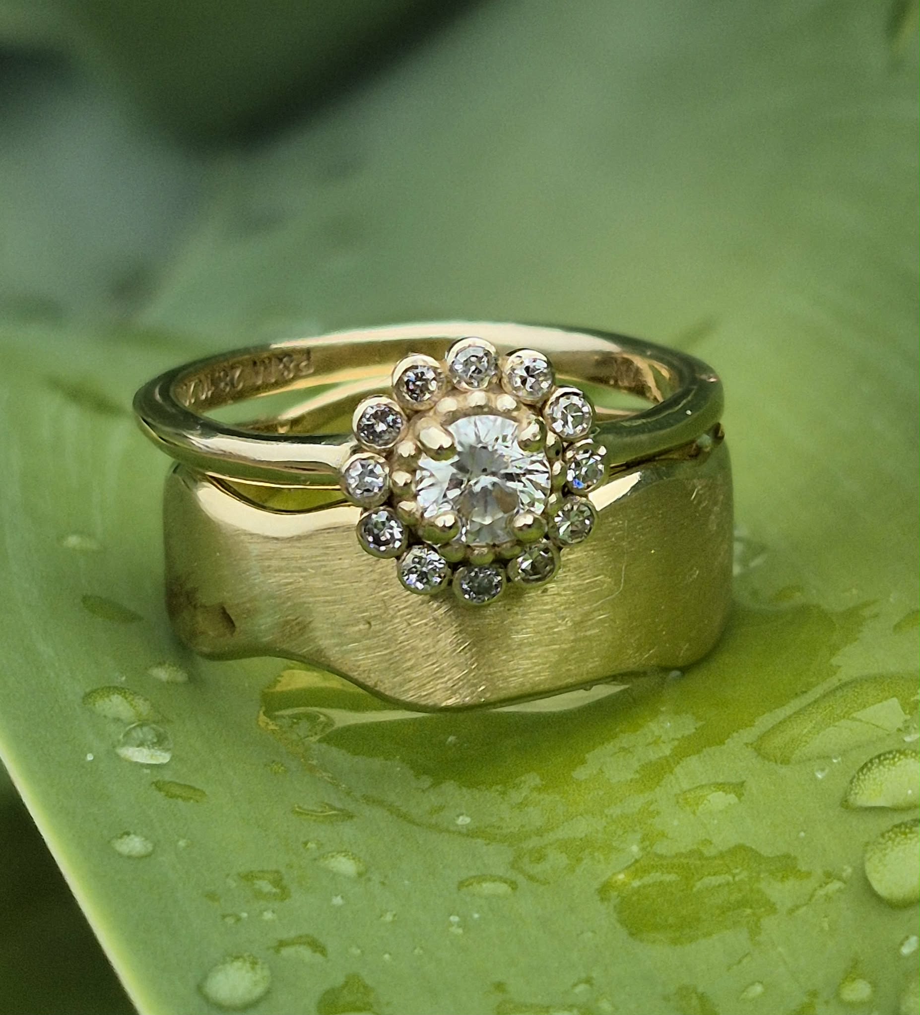 diamond flower ring with wide gold band