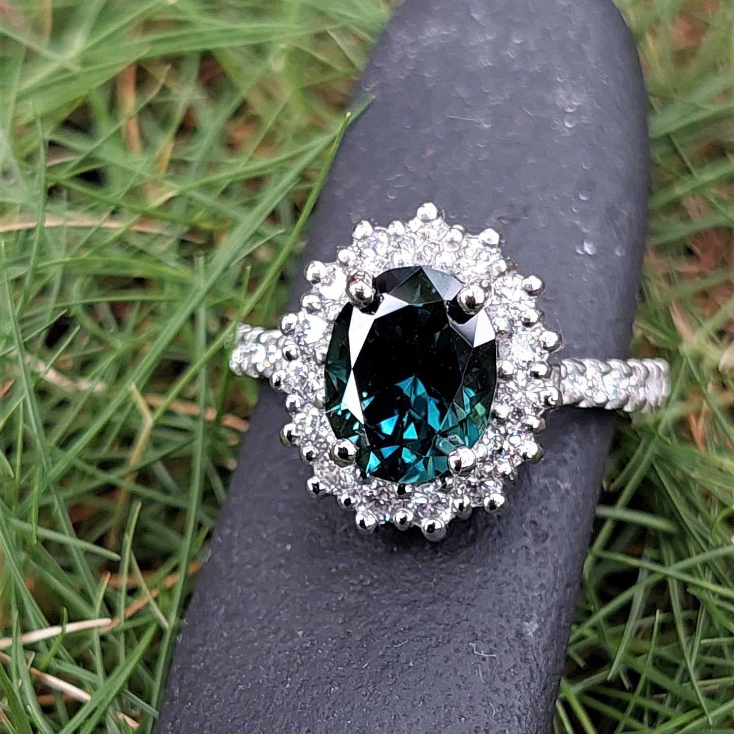 Australian teal Sapphire and diamond ring